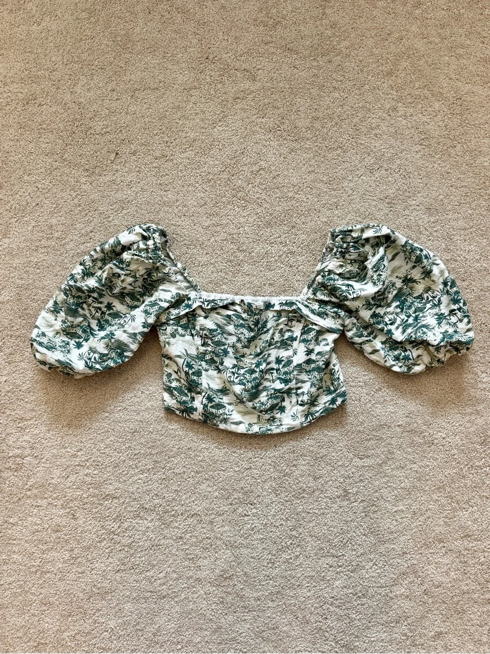 Abercrombie & Fitch White Top with Green Botanical Print and Puff Sleeves